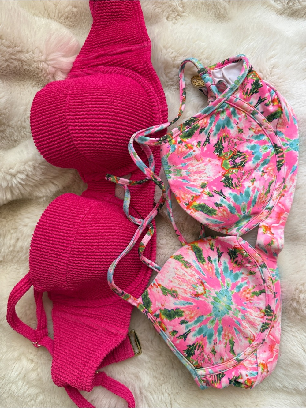 Luli Fama Hot Pink & Multicolor Tie-Dye Bikini Tops